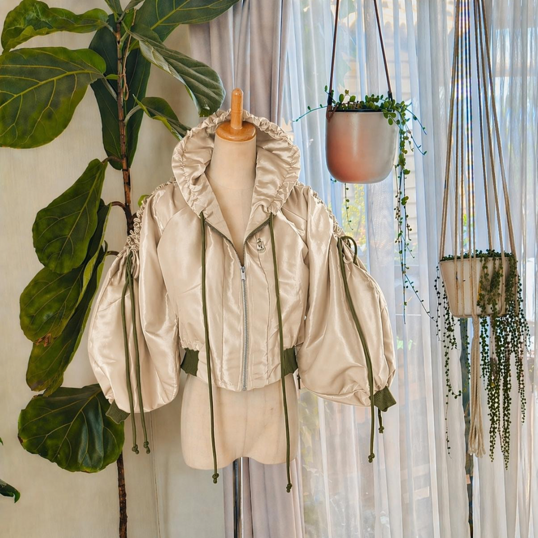 Skadi Cropped Bomber Jacket Champagne and Khaki Green