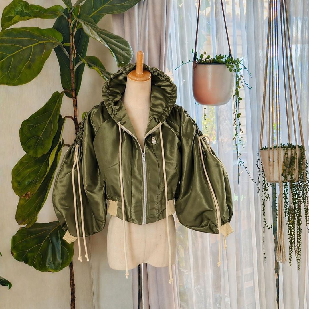 Skadi Cropped Bomber Jacket Khaki Green and Cream